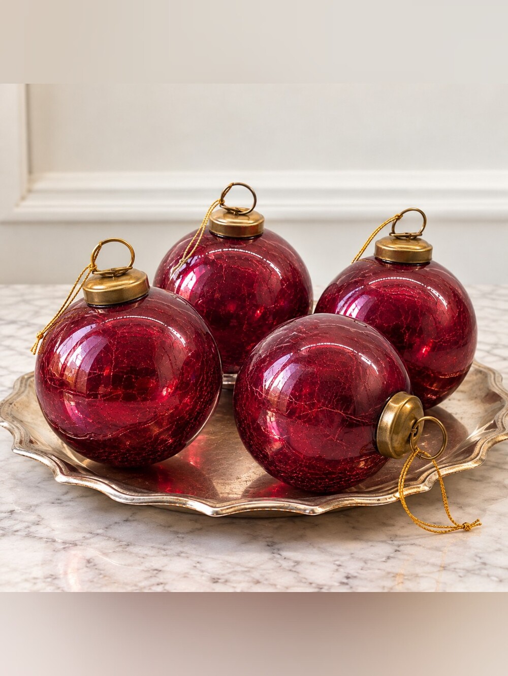 Restoration Hardware Burgundy Red Crackle Glass Christmas Ornaments 3" Set of 4